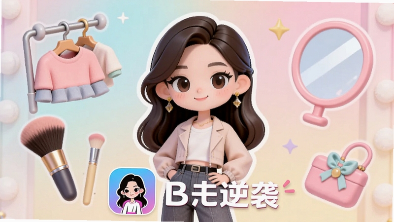 整体画面采用明亮柔和的粉彩渐变背景,中央位置放置一位身着时尚服饰的卡通少女形象,周围环绕衣架、化妆刷、镜子等造型元素,画面底部呈现少女造型逆袭应用图标与标题文字,整体风格清新活泼,适配Boogu模型生成