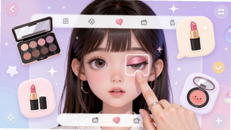 画面聚焦少女造型逆袭应用中的妆容编辑界面,屏幕中央为少女面部特写,周围悬浮着眼影盘、口红、腮红等化妆工具图标,用户手指正点击选择一款粉色眼影,背景为浅紫色渐变,整体风格梦幻可爱,适配Boogu模型生成