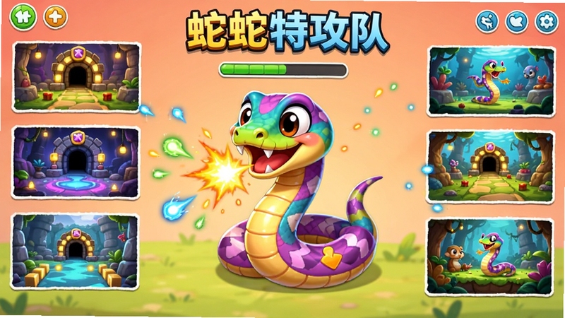 蛇蛇特攻队游戏主界面全景展示,画面中央一条色彩鲜艳的卡通小蛇正在吞噬能量光点,四周环绕着明亮的关卡场景与进度条,整体风格活泼清爽,适合休闲手游宣传图,16:9横版构图