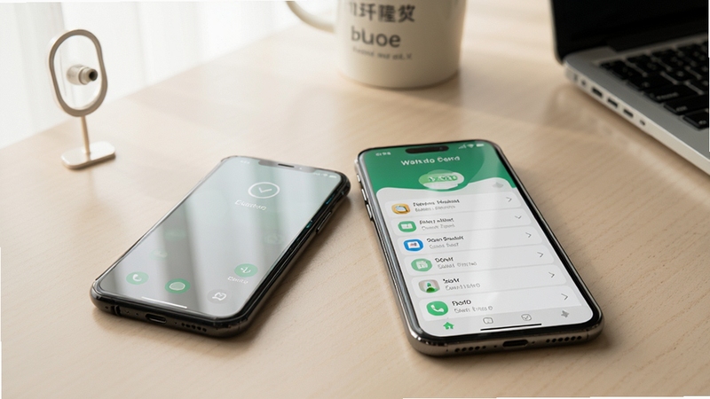 换机手机克隆搬家完成后的数据核对界面,新手机屏幕显示迁移成功的各类数据清单,旁边放置旧手机,背景为整洁的桌面环境,光线柔和,突出数据迁移完成后的安心感