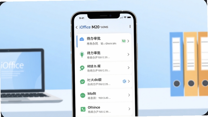iOffice M20 移动办公应用主界面展示,手机屏幕居中显示待办审批与消息列表,背景为简洁的浅蓝色渐变办公场景,桌面有笔记本电脑与文件夹点缀,画面明亮干净,扁平化设计风格,突出移动协同办公氛围
