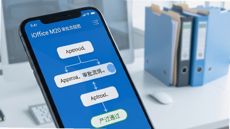 iOffice M20 审批流程图界面特写,手机屏幕显示多级审批节点与通过状态,背景为半透明的办公桌与文件夹元素,色调以蓝白为主,界面元素清晰锐利,体现流程流转的秩序感