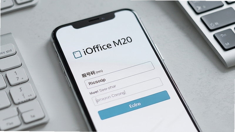 iOffice M20 登录界面与服务器地址填写框特写,手机屏幕居中展示账号密码与地址输入栏,背景为淡灰色办公桌面与键盘一角,光线柔和,界面文字清晰,整体风格简洁商务