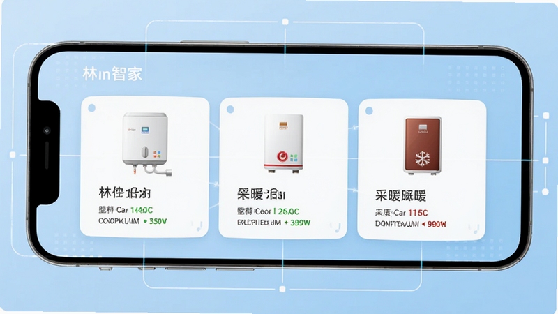 林内智家多设备管理界面,画面为一部手机横向展示三张设备卡片,分别标注热水器、壁挂炉、采暖炉图标与运行状态,背景为淡蓝色渐变,四周有细线连接示意物联网互联,风格扁平化科技感,适配Boogu模型生成