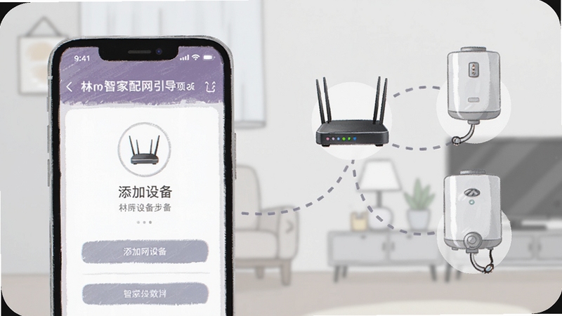林内智家配网引导页面手机截图风格插画,画面中手机屏幕显示添加设备步骤界面,旁边有路由器与热水器图标通过虚线连接,背景为浅灰家居环境,色调柔和,细节清晰,适配Boogu模型生成