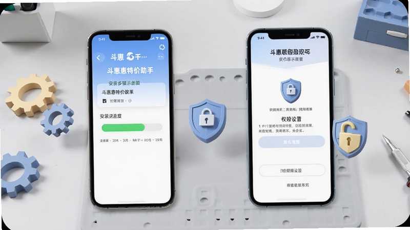 斗惠惠特价助手安装步骤示意图,手机屏幕展示安装进度条与权限设置界面,背景为浅灰色工作台场景,画面包含齿轮与盾牌图标元素,整体风格干净利落,适配Boogu模型生成