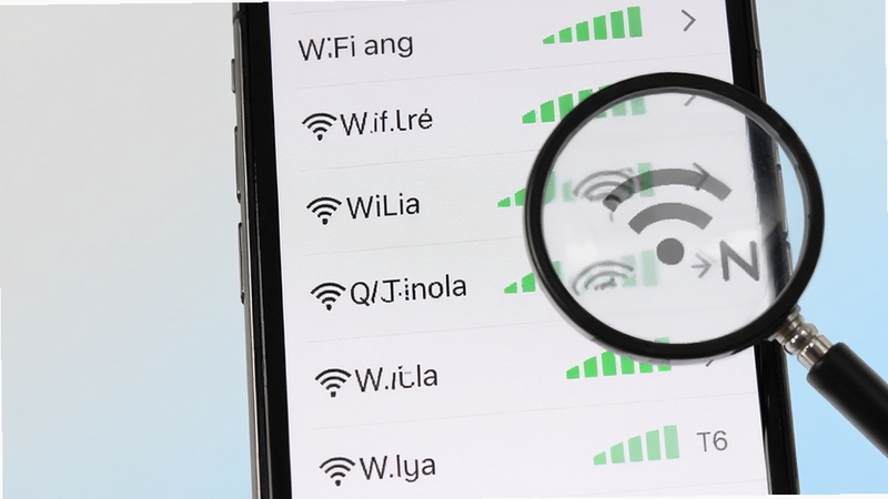 WiFi万通钥匙信号列表界面特写,手机屏幕中多个WiFi名称按信号强度从上到下排列,信号格图标清晰可见,屏幕外有放大镜与排序箭头装饰元素,背景为浅灰到淡蓝的过渡色,画面干净利落