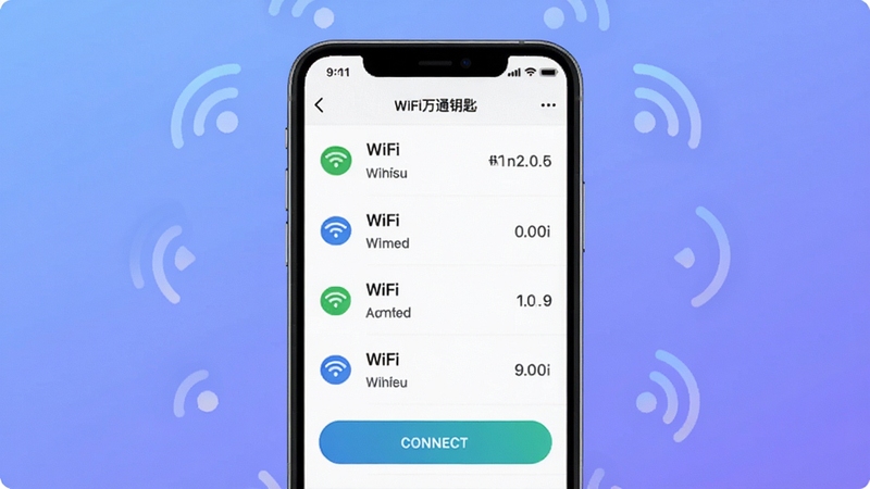 WiFi万通钥匙软件主界面全貌展示,画面中央为手机屏幕内呈现整洁的WiFi信号列表与连接按钮,背景为柔和渐变蓝紫色调,四周点缀简洁的无线信号波纹图标,整体风格清爽现代,适配Boogu模型生成