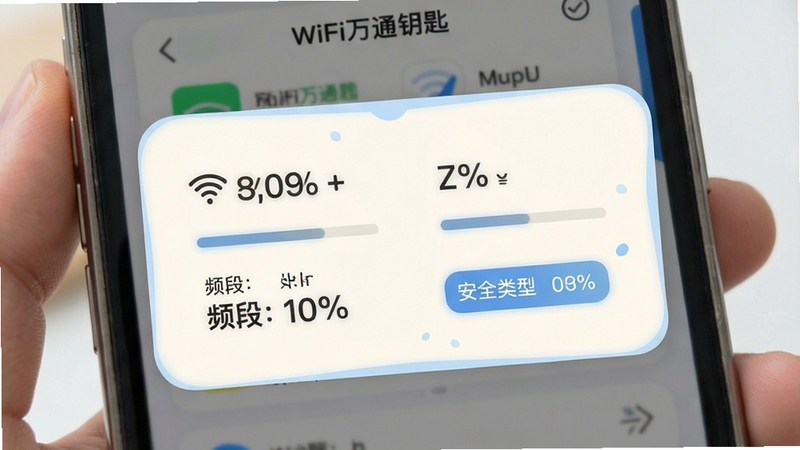 WiFi万通钥匙网络详情面板展示,手机屏幕弹出信息卡片列有信号强度百分比、频段标注与安全类型标签,卡片边缘圆润,背景为淡雅米白色配浅蓝点缀,整体呈现专业又亲和的视觉感受