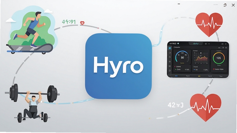 Hyro 软件启动界面,画面中央是 Hyro 应用图标与简洁的运动数据仪表盘,背景为浅灰渐变,周围环绕跑步、力量训练、心率曲线等元素,扁平化设计风格,高清细节,适配运动健身类软件宣传图