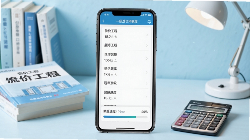 一级造价师题库软件主界面展示,手机屏幕居中放置,屏幕内呈现题库分类列表与做题进度条,背景为浅蓝色书房场景,桌面上摆放造价工程教材与计算器,整体风格清爽明亮,突出备考学习氛围