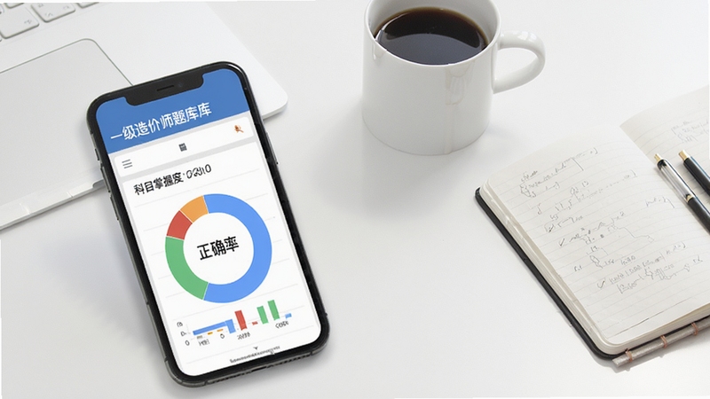 一级造价师题库软件学习报告页面,手机屏幕展示正确率环形图与科目掌握度柱状图,背景为简洁的白色办公桌面,旁边放置一杯咖啡与笔记本,画面干净整洁,突出数据分析的直观感受