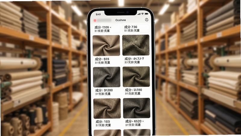 全布面料资源库界面AI生图,展示手机屏幕中排列整齐的布料缩略图墙,每块布料下方标注成分与克重信息,背景虚化为纺织工厂货架,色调温暖自然