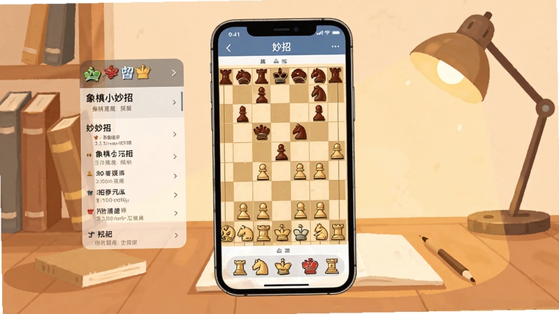 象棋小妙招工具软件主界面全貌展示,画面中央为手机屏幕中的象棋棋盘与妙招列表,背景为简洁的书房桌面,暖色调灯光,扁平化插画风格,细节清晰
