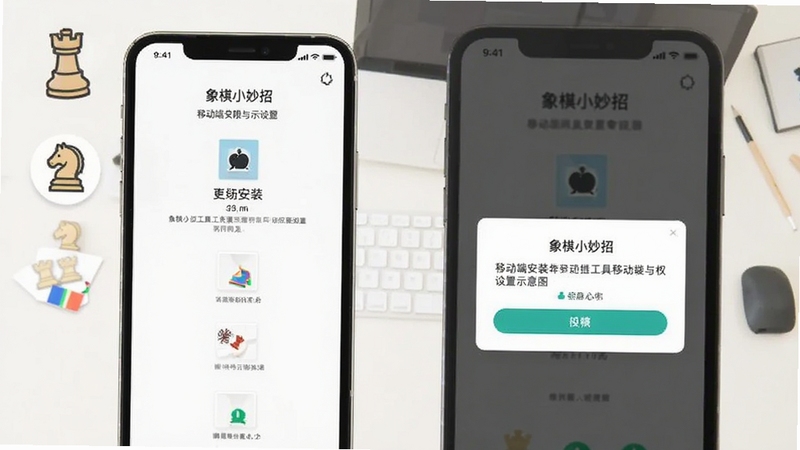 象棋小妙招工具移动端安装与权限设置示意图,手机屏幕显示安装界面与权限弹窗,背景为简洁桌面,扁平化图标风格,画面清晰易懂