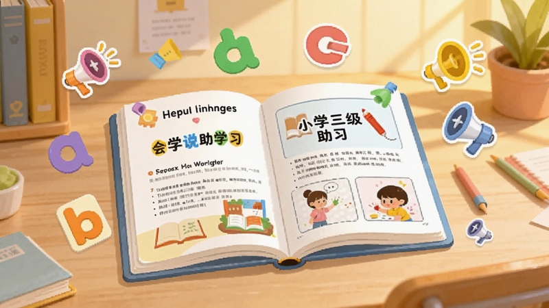 画面中央是一本打开的小学三年级英语课本,书本周围漂浮着彩色的字母卡片和卡通小喇叭图标,背景是柔和的书桌场景,暖色调光线,画面干净明亮,体现英语三下智能点读助手把课本变成会说话的学习工具,整体风格为扁平插画,适合软件下载站展示
