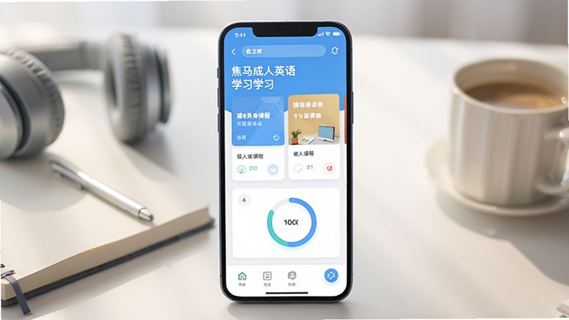 整体画面以浅蓝与暖白为主色调,中央位置放置一部智能手机,屏幕显示焦马成人英语的学习主界面,包含课程卡片与进度环,背景区域为虚化的书桌场景,有笔记本、耳机和一杯咖啡,光线柔和自然,构图干净突出软件全貌,适合下载站展示
