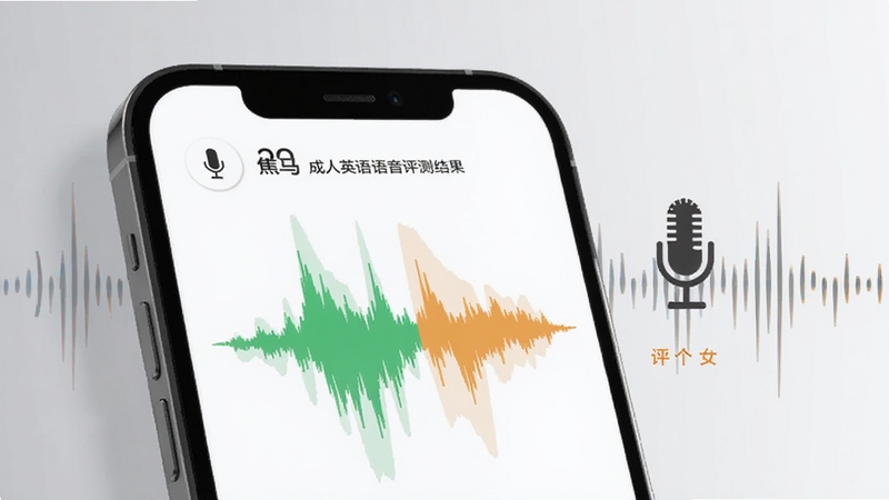 画面主体为手机屏幕特写,显示焦马成人英语的语音评测结果页,绿色与橙色波形对比,旁边有麦克风图标和评分数字,背景为简洁的浅灰渐变,点缀声波线条元素,风格现代科技感,突出语音训练功能