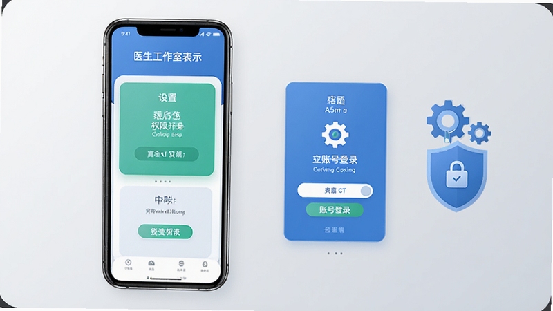 医生工作室安装设置引导页面示意图,手机屏幕展示权限开启与账号登录步骤,画面采用分步卡片式排版,背景为浅灰渐变,旁边配以齿轮与盾牌图标象征设置与安全,整体风格清爽直观