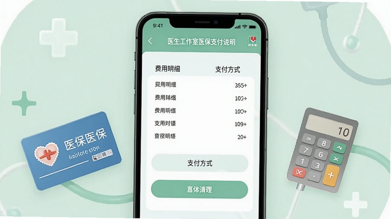 医生工作室医保支付说明页面示意图,手机屏幕显示费用明细与支付方式选项,界面简洁清晰,背景为浅绿色医疗风格,旁边点缀医保卡与计算器图标,整体色调柔和