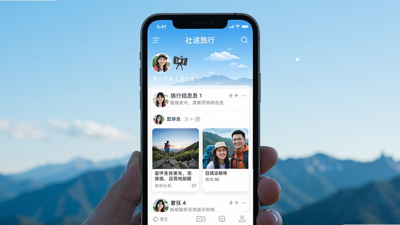 ��;����APP��ҳ����չʾ���ֻ���Ļ�г������н����Ϣ����Ŀ�ĵؿ�Ƭ������Ϊǳ��ɫ�����Զɽ��Ӱ����������������ͻ���罻���з�Χ