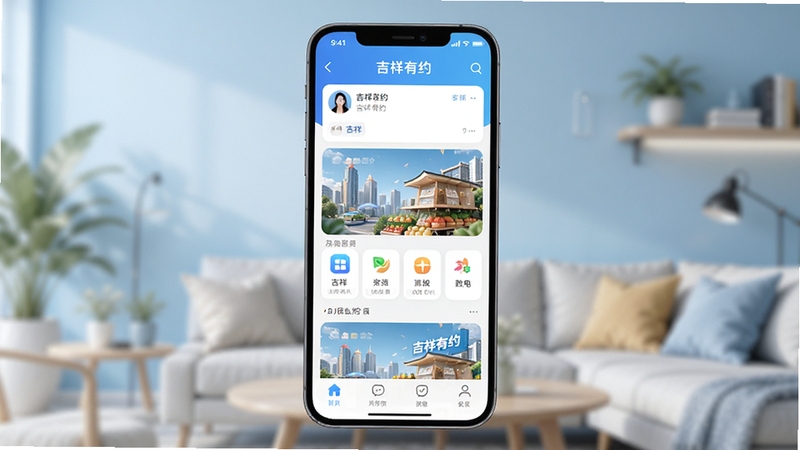 吉祥有约应用界面整体展示图,画面主体为一部居中摆放的智能手机,屏幕显示吉祥有约首页信息流与功能图标,背景为浅蓝色渐变的生活场景虚化区域,风格清爽现代,细节清晰,适合软件下载站宣传配图
