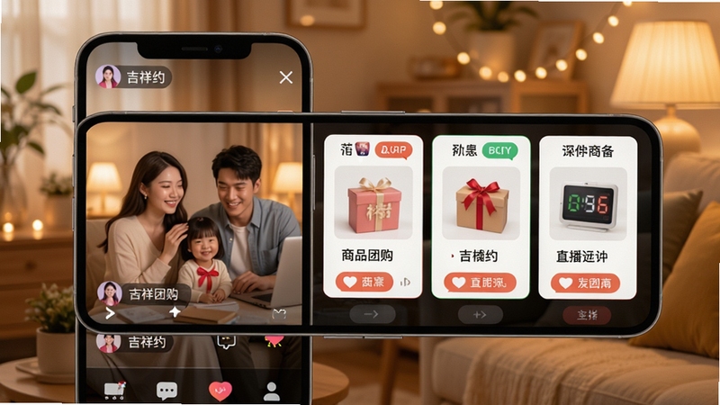 吉祥有约直播团购功能界面示意图,画面主体为手机屏幕特写,屏幕中展示直播画面与商品团购卡片并排布局,背景为柔和的暖色调室内环境,突出互动购物氛围,画质细腻,构图平衡