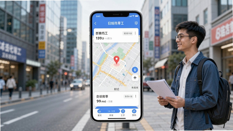 日结找零工APP界面展示,手机屏幕中呈现附近岗位列表与地图定位标记,背景为城市街景与求职者形象,风格简洁明亮