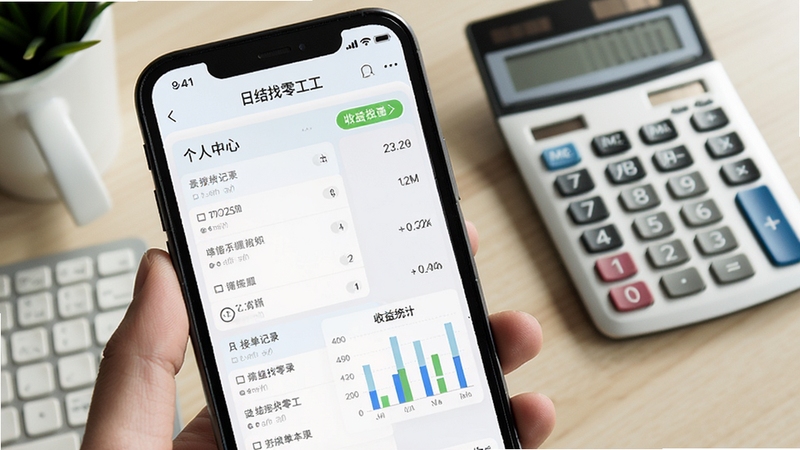日结找零工APP个人中心界面,展示接单记录列表与收益统计图表,手机屏幕特写,背景为办公桌面与计算器