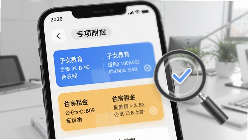 2026个人专项汇算应用界面特写,手机屏幕显示专项附加扣除分类卡片,子女教育与住房租金项目高亮,旁边有放大镜和勾选标记图形元素,背景为淡灰色办公环境虚化,整体呈现清晰的信息整理氛围,写实风格