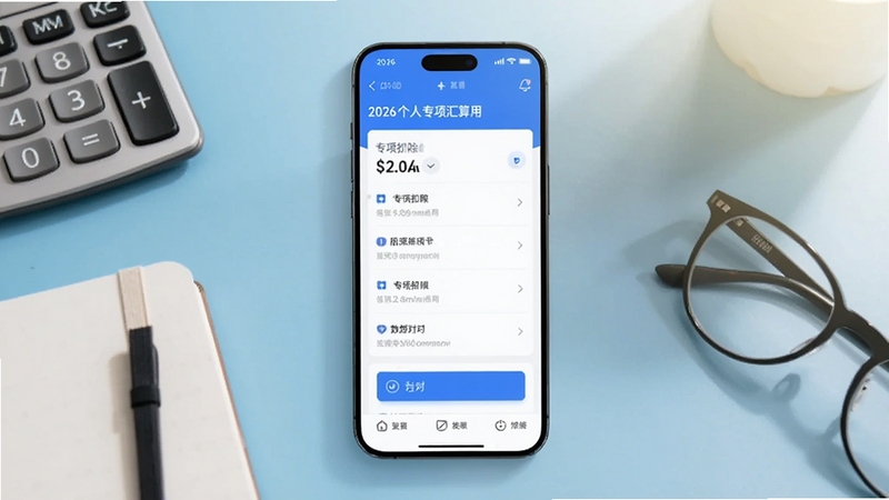 画面中央放置一部智能手机,屏幕显示2026个人专项汇算应用主界面,界面包含专项扣除项目列表与数据核对卡片,背景为浅蓝色渐变办公桌面,桌面摆放计算器、笔记本和眼镜,右上角有柔和光线,整体风格清爽现代,写实UI展示风格,横版构图