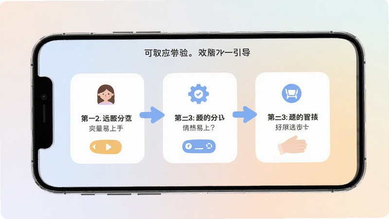 可驾应用新手引导页面截图风格画面,手机屏幕显示分步提示卡片与箭头指示,背景为柔和浅色渐变,整体氛围轻松友好,适合展示软件易上手特性