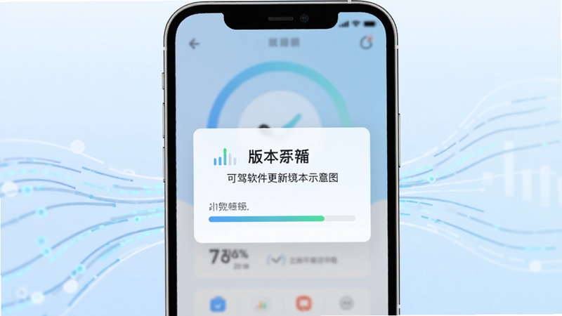 可驾软件更新界面示意图,手机屏幕显示版本更新提示弹窗与进度条,背景为浅蓝色渐变与抽象数据流线条,风格清爽简洁,突出更新流程的顺畅感