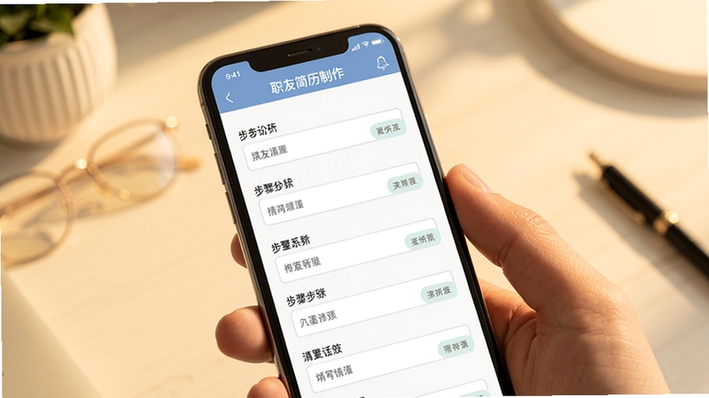 职友简历制作内容填写页面,手机界面显示分步骤引导填写表单,每个输入框旁有浅色提示文字,背景干净整洁,暖色调光线