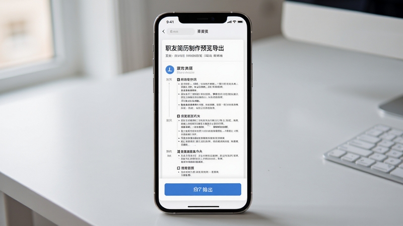 职友简历制作预览导出界面,手机屏幕展示完整简历预览效果,下方有导出按钮,背景为浅灰色桌面环境,柔和自然光