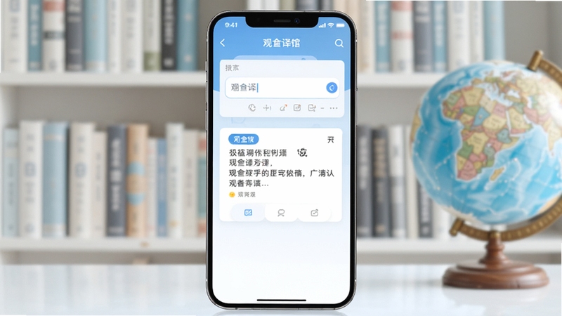 整体画面以浅蓝与白色为主色调,中央位置放置一部智能手机,屏幕中展示观槎译馆的翻译主界面,包含输入框与译文卡片,背景区域为虚化的书架与地球仪元素,画面干净明亮,适合软件下载站展示风格