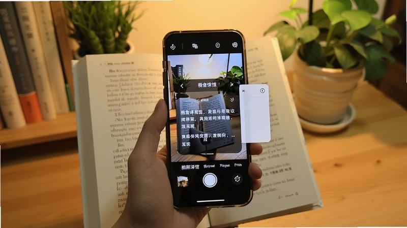 画面主体为一只手举着手机拍摄一本打开的外文书籍,手机屏幕中叠加显示观槎译馆的拍照翻译取词框与译文浮层,背景为暖色调的书桌与绿植,整体风格真实自然,突出拍照翻译的使用场景