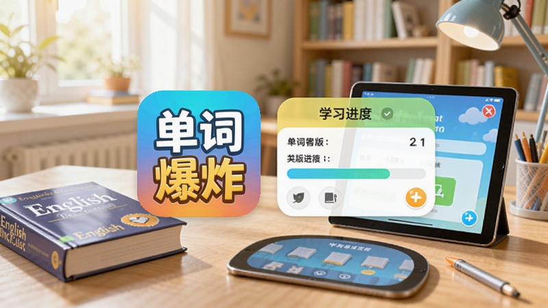 单词爆炸APP官方正版主界面展示,画面中央为单词爆炸应用图标与学习进度面板,背景为明亮的书房环境,书桌上摆放着英语词典与平板设备,整体风格清新活泼,突出趣味学习氛围