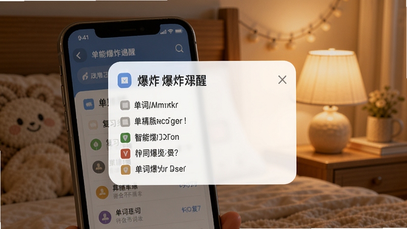 单词爆炸智能复习提醒功能展示,手机界面弹出复习通知卡片,卡片上列有单词爆炸待复习词汇列表,背景为温馨的卧室床头场景,光线柔和