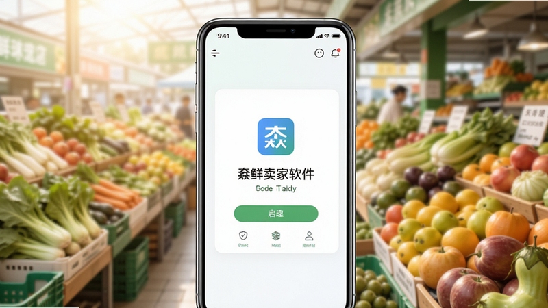 鲜卖家软件启动界面展示,手机屏幕居中放置,背景为清晨生鲜市场货架与蔬果陈列的柔和虚化场景,画面明亮清新,突出移动端店铺管理工具的便捷感,构图简洁,适合下载站展示