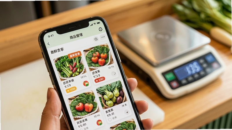 鲜卖家商品管理界面特写,手机屏幕显示蔬果商品卡片与库存数量标签,背景为整洁的生鲜操作台与电子秤,画面色调温暖自然,体现数字化管理生鲜商品的场景