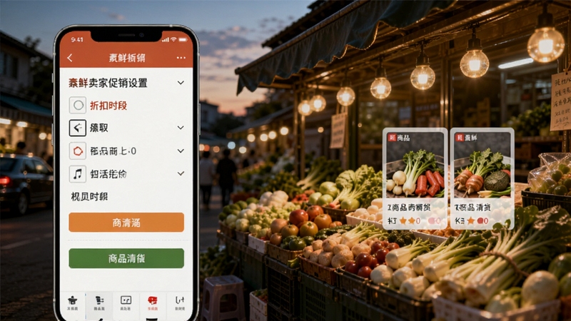 鲜卖家促销设置页面示意图,手机屏幕展示折扣时段选择与商品列表,背景为傍晚生鲜摊位与暖色灯光,画面传达灵活定价与快速清货的经营氛围