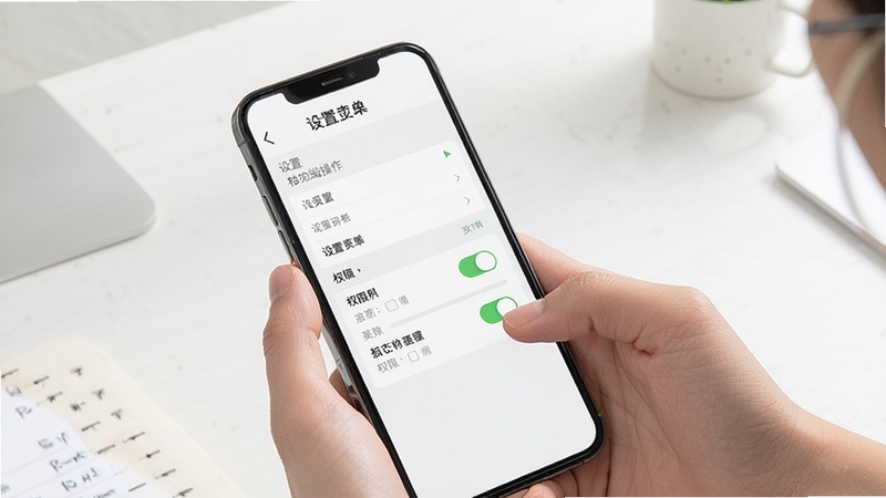 鲜卖家移动端操作指引示意图,手机界面展示设置菜单与权限开关,背景为简洁的桌面与手持手机的动作,画面清晰直观,适合新手教程配图