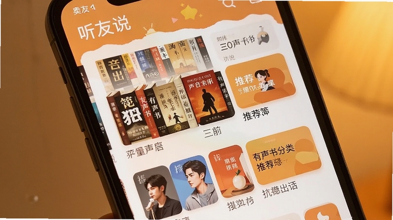 听友说应用界面展示海量有声书分类书架与推荐卡片,手机屏幕特写,暖色调背景,扁平化设计风格,清晰展示软件名称听友说