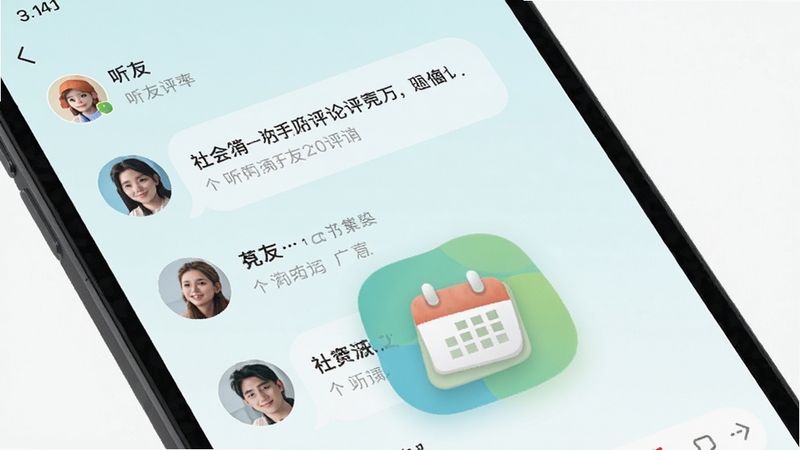 听友说应用内听友评论区界面,用户头像与留言气泡排列,打卡日历图标醒目,手机UI界面展示,清新浅色背景,突出社交互动氛围