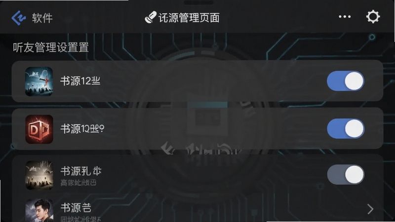 听友说书源管理设置页面,列表式书源条目与切换开关,手机界面细节展示,深灰色调科技感背景,画面中含软件名称文字