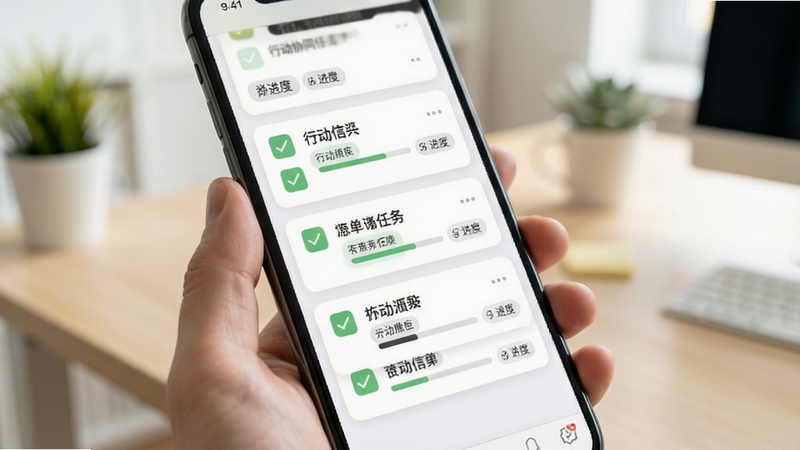行动协同任务清单功能特写,画面展示手机屏幕中排列整齐的任务卡片,每张卡片带有勾选状态与进度标签,背景为浅色办公场景,突出清晰的信息层级与操作便捷性