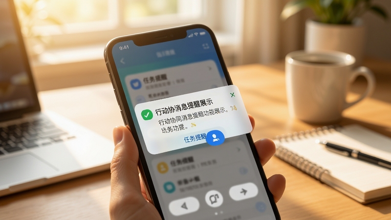 行动协同消息提醒功能展示,手机屏幕弹出任务提醒通知卡片,背景为日常生活场景中的桌面,画面温暖明亮,强调及时提醒与便捷操作
