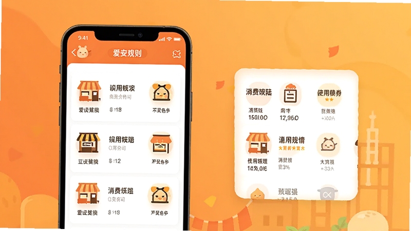 爱安陆应用内展示商户列表与消费券使用规则的界面示意图,手机屏幕与商户小图标组合,暖色调背景,扁平化设计风格,构图干净