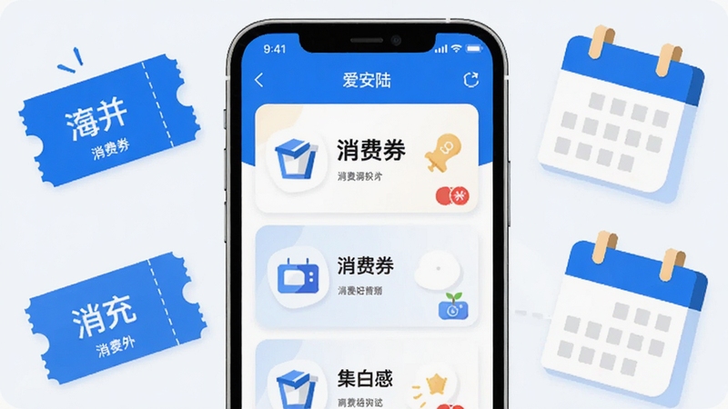 爱安陆手机应用首页展示消费券卡片列表的界面预览图,明亮简洁的蓝白配色,手机屏幕特写,周围环绕消费券图标与日历元素,扁平化插画风格,细节清晰